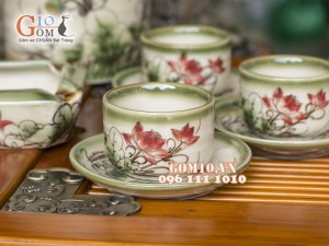 Bộ ấm chén ba chân men vuốt, vẽ sen, đầy đủ phụ kiện 350ml