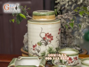 Bộ ấm chén ba chân men vuốt, vẽ sen, đầy đủ phụ kiện 350ml