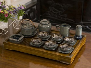 Bộ ấm chén ba chân nâu men hỏa biến, chén lòng hoa - đầy đủ phụ kiện 350ml