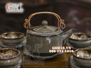 Bộ ấm chén ba chân nâu men hỏa biến, chén lòng hoa - đầy đủ phụ kiện 350ml