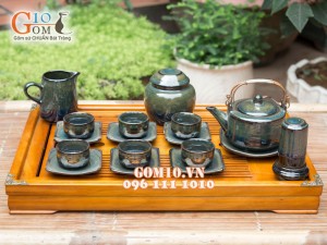 Bộ ấm chén ba chân sen xanh ngọc thỏ, đầy đủ phụ kiện