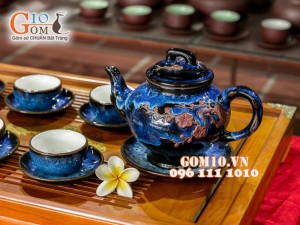 Bộ ấm chén báo xuân hỏa biến thanh điểu CỐT GỐM kèm lọ chè