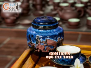 Bộ ấm chén báo xuân hỏa biến thanh điểu CỐT GỐM kèm lọ chè