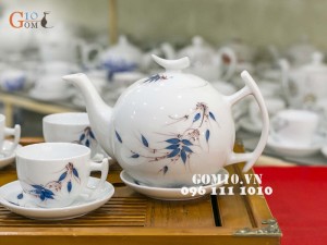 Bộ ấm chén bưởi cành men trắng vẽ tre