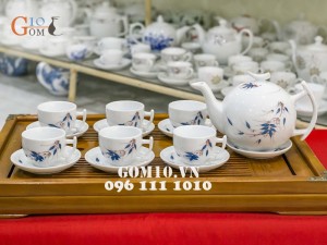 Bộ ấm chén bưởi cành men trắng vẽ tre