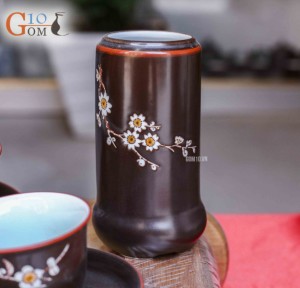 Bộ ấm chén cao cấp Giả cổ hoa mai trắng - men nâu - chỉ đỏ và đầy đủ phụ kiện