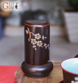 Bộ ấm chén cao cấp Giả cổ hoa mai trắng - men nâu - chỉ đỏ và đầy đủ phụ kiện