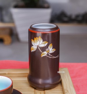 Bộ ấm chén cao cấp quai đồng vẽ sen - men nâu - chỉ đỏ và đầy đủ phụ kiện