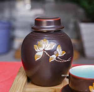 Bộ ấm chén cao cấp quai đồng vẽ sen - men nâu - chỉ đỏ và đầy đủ phụ kiện