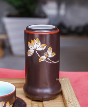 Bộ ấm chén cao cấp vẽ sen - men nâu - chỉ đỏ và đầy đủ phụ kiện