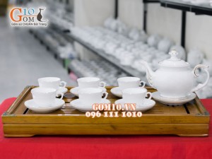 Bộ ấm chén cát tường men trắng, kẻ chỉ vàng kim 500ml