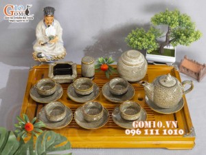 Bộ ấm chén chóp lửa men hỏa biến gấm vàng đầy đủ phụ kiện, dung tích 350ml