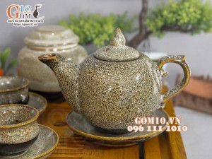 Bộ ấm chén chóp lửa men hỏa biến gấm vàng đầy đủ phụ kiện, dung tích 350ml