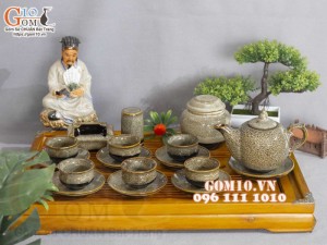 Bộ ấm chén chóp lửa men hỏa biến gấm vàng đầy đủ phụ kiện, dung tích 350ml