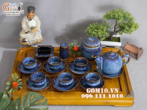 Bộ ấm chén chóp lửa men hỏa biến xanh đá đầy đủ phụ kiện, dung tích 350ml