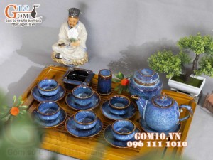Bộ ấm chén chóp lửa men hỏa biến xanh đá đầy đủ phụ kiện, dung tích 350ml