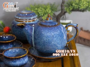 Bộ ấm chén chóp lửa men hỏa biến xanh đá đầy đủ phụ kiện, dung tích 350ml