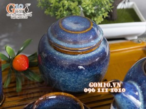 Bộ ấm chén chóp lửa men hỏa biến xanh đá đầy đủ phụ kiện, dung tích 350ml