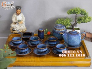 Bộ ấm chén chóp lửa men hỏa biến xanh đá đầy đủ phụ kiện, dung tích 350ml