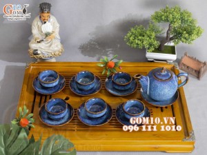 Bộ ấm chén chóp lửa men hỏa biến xanh đá, dung tích 350ml