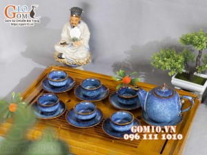 Bộ ấm chén chóp lửa men hỏa biến xanh đá, dung tích 350ml