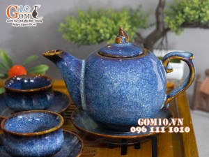 Bộ ấm chén chóp lửa men hỏa biến xanh đá, dung tích 350ml