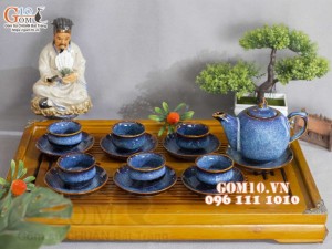 Bộ ấm chén chóp lửa men hỏa biến xanh đá, dung tích 350ml