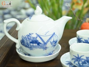 Bộ ấm chén chóp lửa men lam cổ cảnh Làng Quê, 350ml