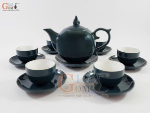 Bộ ấm chén chóp lửa men xanh trơn