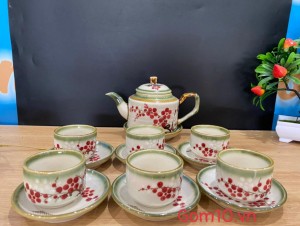 Bộ ấm chén chữ thập dáng vuông vẽ hoa đào đỏ, 400ml