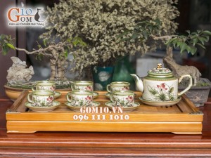 Bộ ấm chén chữ thập men vuốt, vẽ hoa Sen 430ml