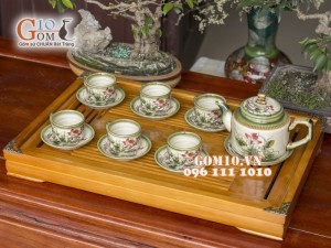 Bộ ấm chén chữ thập men vuốt, vẽ hoa Sen 430ml