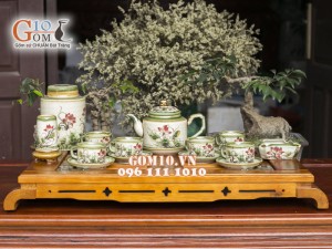 Bộ ấm chén chữ thập men vuốt, vẽ hoa Sen 400ml, 3 món phụ kiện