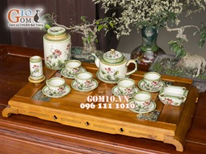 Bộ ấm chén chữ thập men vuốt, vẽ hoa Sen 400ml, 3 món phụ kiện