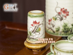 Bộ ấm chén chữ thập men vuốt, vẽ hoa Sen 400ml, 3 món phụ kiện