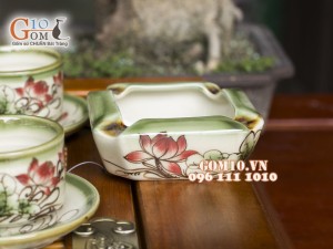 Bộ ấm chén chữ thập men vuốt, vẽ hoa Sen 400ml, 3 món phụ kiện