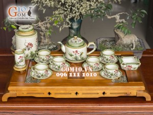 Bộ ấm chén chữ thập men vuốt, vẽ hoa Sen 400ml, 3 món phụ kiện