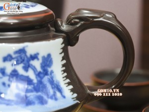 Bộ ấm chén dáng ba chân men nâu chỉ đỏ cảnh Sơn Thủy, 500ml