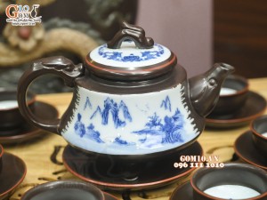 Bộ ấm chén dáng ba chân men nâu chỉ đỏ cảnh Sơn Thủy, 500ml