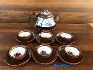 Bộ ấm chén dáng ba chân men nâu phối men lam chỉ đỏ cảnh Thuận buồm xuôi gió, 400ml