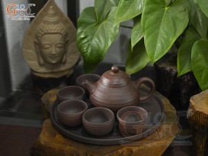 Bộ ấm chén dáng bí gốm hồng sa nâu loang vân sóng, 200ml