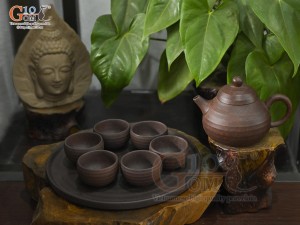 Bộ ấm chén dáng bí gốm hồng sa nâu loang vân sóng, 200ml