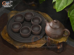 Bộ ấm chén dáng bí gốm hồng sa nâu loang vân sóng, 200ml