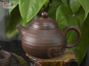 Bộ ấm chén dáng bí gốm hồng sa nâu loang vân sóng, 200ml