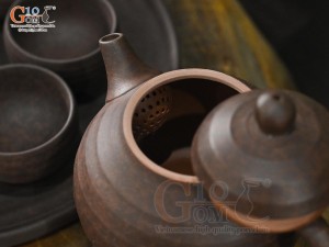Bộ ấm chén dáng bí gốm hồng sa nâu loang vân sóng, 200ml