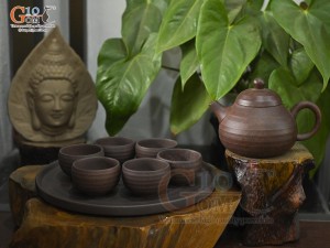 Bộ ấm chén dáng bí gốm hồng sa nâu loang vân sóng, 200ml