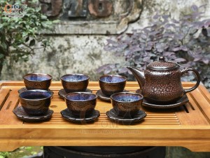 Bộ ấm chén dáng bí men hỏa biến vảy rồng, 300ml