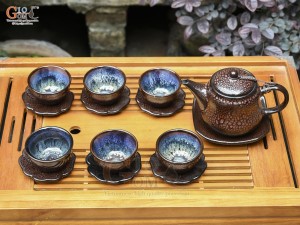 Bộ ấm chén dáng bí men hỏa biến vảy rồng, 300ml