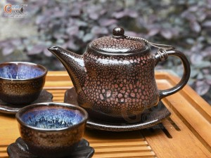 Bộ ấm chén dáng bí men hỏa biến vảy rồng, 300ml