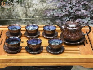 Bộ ấm chén dáng bí men hỏa biến vảy rồng, 300ml